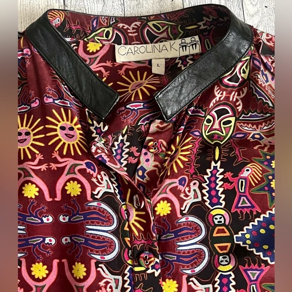 Anthropologie Carolina K Womens Silk Crepe Leather Tribal Averil Mini Dress Sz L - Picture 14 of 14